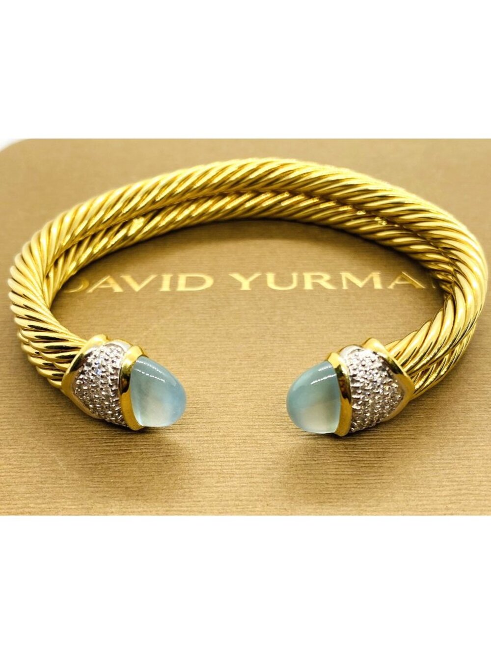 David Yurman Aquamarine Diamond Cuff Double Cable Bracelet 6.5"